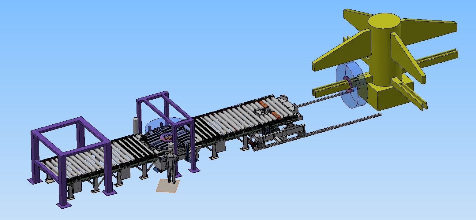 Verpackungslinie mit Schwerlast-Rollenbahn, Drehteller und Kipptisch