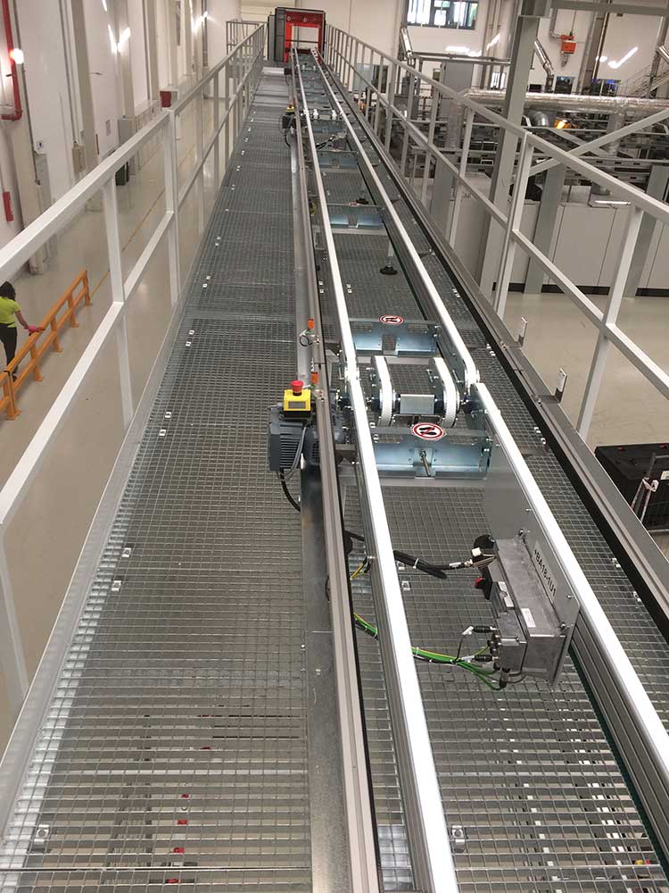 Timing belt conveyor Rinsing room with transport section and drives