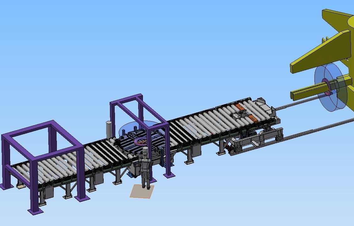 [Translate to English:] Verpackungslinie mit Schwerlast-Rollenbahn, Drehteller und Kipptisch