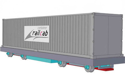 Grafische Darstellung eines grauen Gütercontainers mit dem Aufkleber 'container railcab' auf einer flachen Plattform mit vier kleinen Rädern in Grau und Türkis.