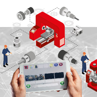Grafische Darstellung einer industriellen Fertigung mit roter Maschine, Bedienern und Bauteilen, die über eine Tablet-Oberfläche gesteuert wird, gehalten von zwei Händen.