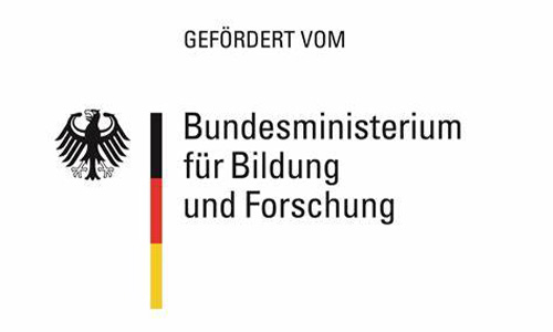 Logo des Bundesministeriums für Bildung und Forschung mit Bundesadler und senkrechtem Balken in den Farben Schwarz, Rot und Gold, dazu der Text 'Gefördert vom Bundesministerium für Bildung und Forschung'