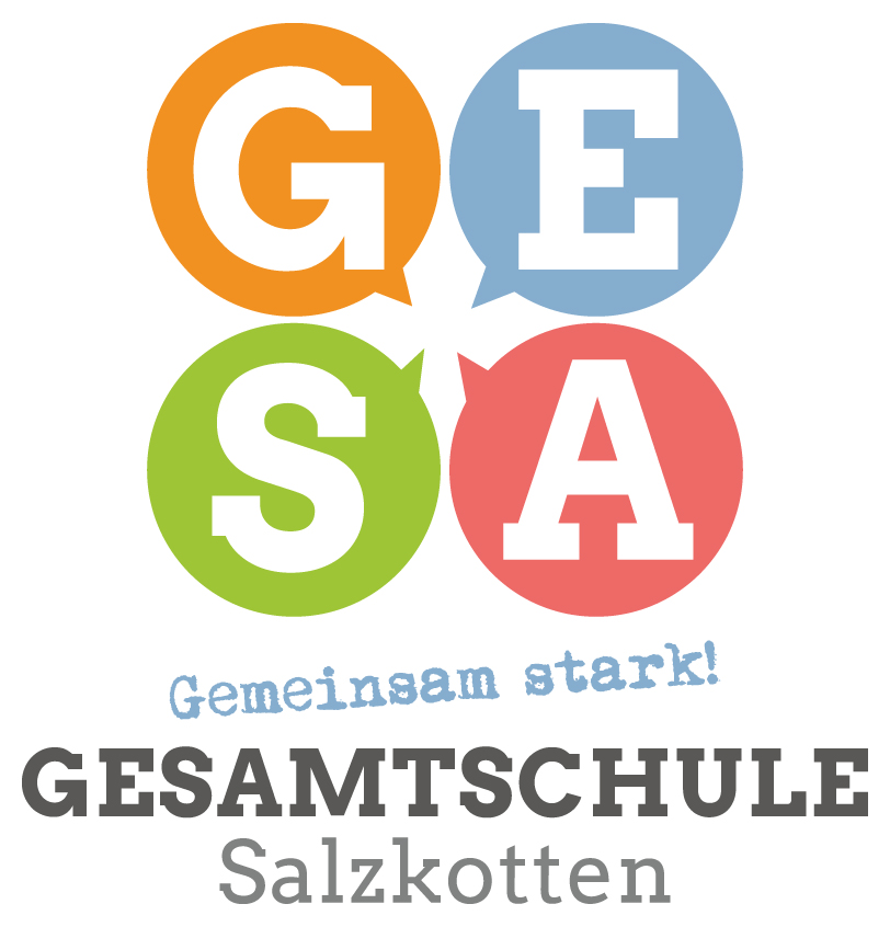 Logo der Gesamtschule Salzkotten mit vier bunten Sprechblasen, die die Buchstaben G, E, S, A enthalten, darunter der Schriftzug 'Gemeinsam stark! GESAMTSCHULE Salzkotten'
