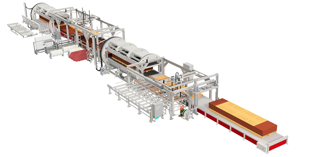 Industrielle Fertigungsmaschine mit mehreren vernetzten Modulen und Förderbändern, ausgelegt für die Verarbeitung oder Herstellung von rechteckigen Bauteilen aus Holz oder ähnlichem Material.
