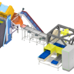 Automatisierte Industrieanlage mit Förderband, gelbem Roboterarm und mehreren Arbeitsstationen, verschiedene Farben wie Blau, Gelb, Grau und Grün dominieren das Design.