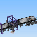 3D-Computermodell einer Förderbandanlage mit Rollen, umlaufenden Förderelementen und einer Abwickelvorrichtung auf der rechten Seite vor blauem Hintergrund