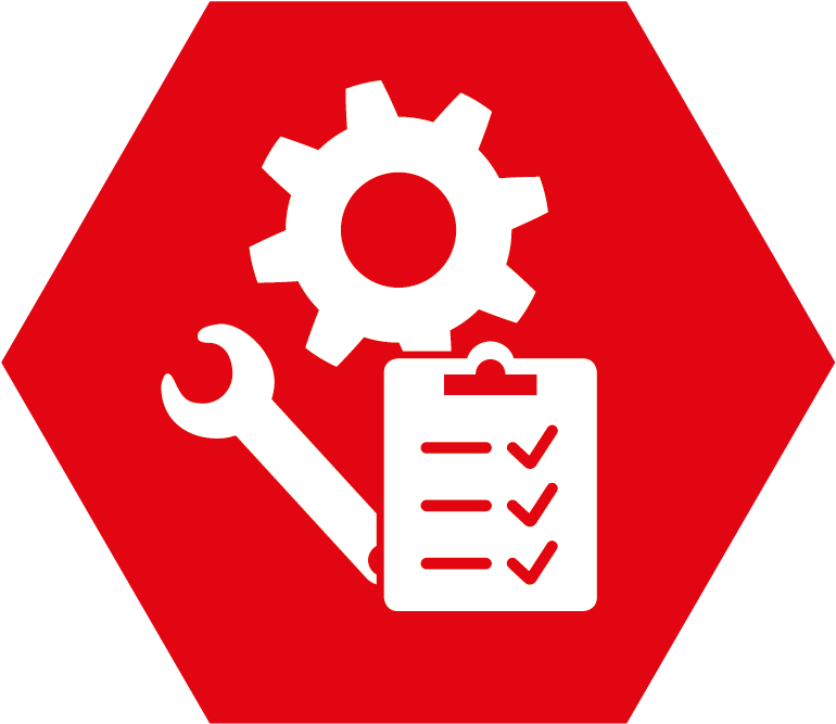 Rotes sechseckiges Symbol mit weißem Zahnrad, Schraubenschlüssel und Checkliste mit drei Häkchen, das Wartung oder Technik darstellt