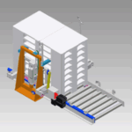 3D-Modell einer komplexen mechanischen Vorrichtung mit weißen, blauen, orangefarbenen und schwarzen Bauteilen auf grauem Hintergrund.