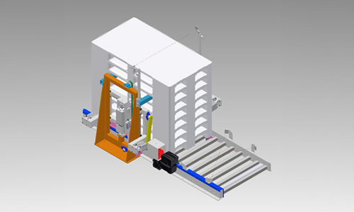 3D-Modell einer komplexen mechanischen Vorrichtung mit weißen, blauen, orangefarbenen und schwarzen Bauteilen auf grauem Hintergrund.