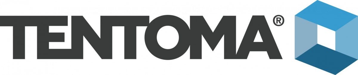 Logo mit dem Schriftzug TENTOMA in schwarzen Großbuchstaben und einem blauen sechseckigen grafischen Element rechts daneben