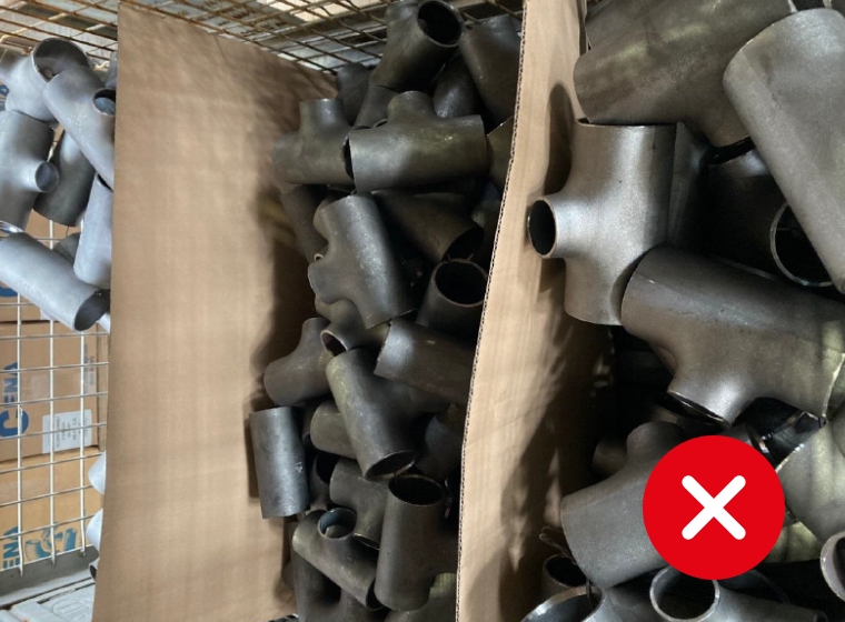 Metallrohr-T-Stücke in großen Kartonbehältern, die in einem Metallgitter gestapelt sind, mit einem roten Kreuzsymbol im Vordergrund