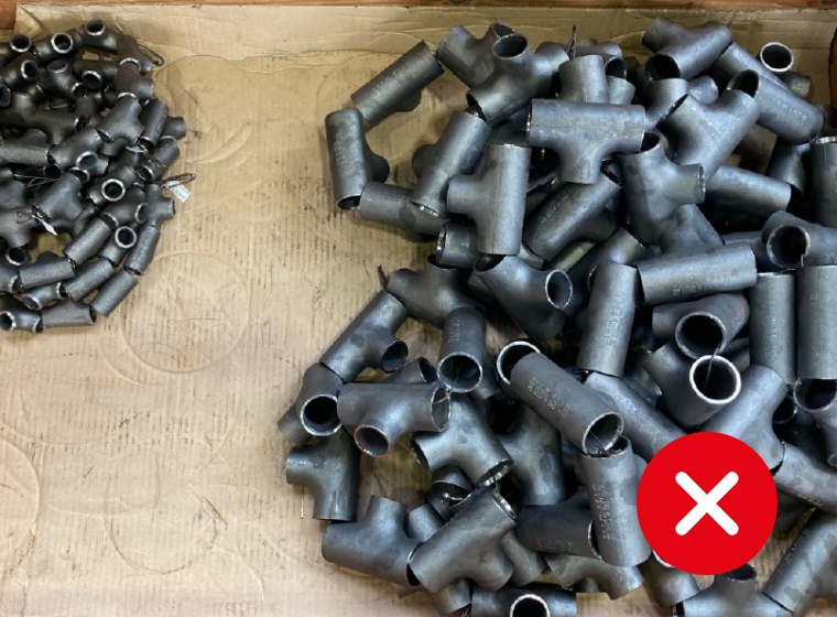 Viele schwarze Rohrverbindungsstücke in T-Form liegen auf einem braunen Karton, ein rotes X-Symbol ist über die rechte untere Ecke der Bildmitte gelegt.