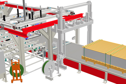 Industrielle Verpackungsanlage mit Förderband, auf dem verpackte Kartons auf Paletten für den Versand gestapelt sind, mit roten und grauen Metallrahmen und mechanischer Steuerung.