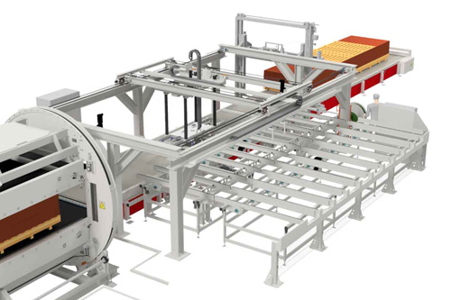 Industrielle Anlage mit Förderbändern und Metallrahmen zur Handhabung von Holzplatten oder ähnlichen Materialien in einer Fertigungslinie