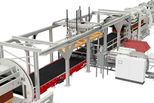 Industrielle Förderanlage mit Förderband, Steuerungskästen und Metallrahmen in einer technischen Umgebung.
