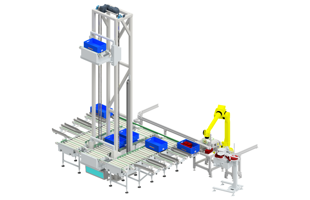 3D-Modell einer automatisierten Montagelinie mit Förderbändern, vier blauen Behältern und einem gelben Roboterarm an einer Abfüllstation.