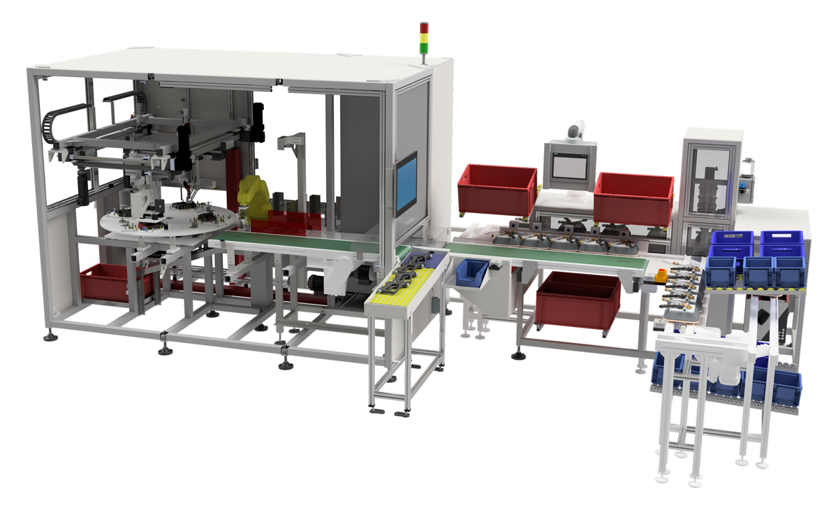 Automatisierte Montageanlage mit Förderbändern, einem gelben Industrieroboterarm, mehreren roten und blauen Behältern sowie Steuerungspulten mit Monitoren, eingesetzt für die Produktion oder Prüfung von Bauteilen.