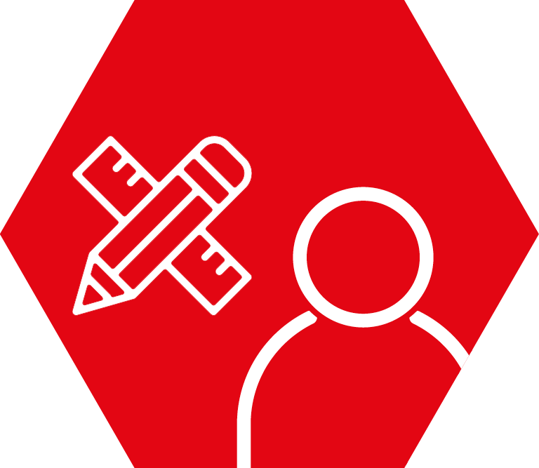 Rotes Sechseck mit weißen Symbolen eines Bleistifts, der ein Lineal kreuzt, und einer stilisierten Personenfigur