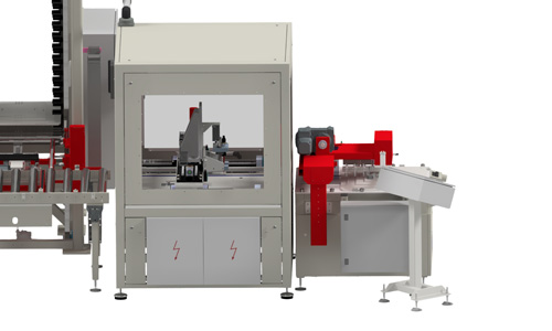 Industrielle Maschinenanlage mit einem geschlossenen Bedienfeld, rot-weißen Komponenten und weißem Förderband, die zum automatisierten Produktionsprozess gehört.