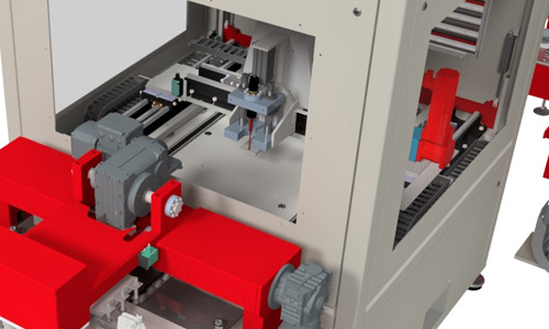Detailaufnahme einer industriellen Maschine mit grauer und roter Metallkonstruktion und beweglichen mechanischen Komponenten in einem geschlossenen Gehäuse.