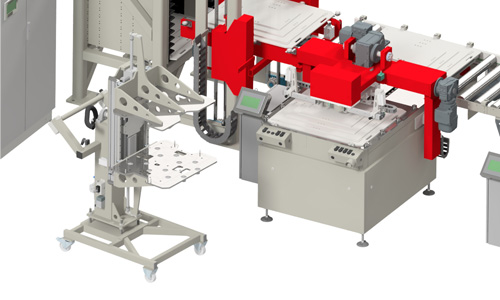 Industrielle Maschine mit einem beige-grauen Gestell und auffälligen roten Bauteilen, wahrscheinlich eine automatisierte Produktions- oder Prüfanlage, mit Steuerpulten und beweglichen Armen auf Rollen.