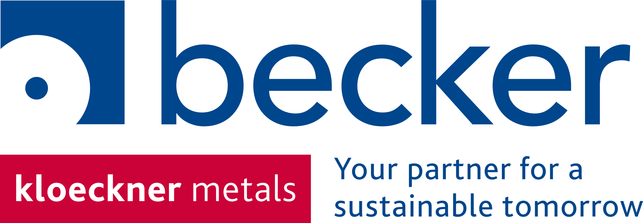 Becker Logo in Blau mit rotem Balken darunter und dem Schriftzug "kloeckner metals", daneben der Slogan „Your partner for a sustainable tomorrow“