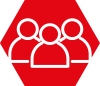 Drei stilisierte Personen in Weiß auf rotem sechseckigem Hintergrund, symbolisiert Gemeinschaft oder Team