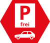 Rotes Schild mit einem weißen Quadrat, darin ein rozer Buchstabe P und darunter der Schriftzug frei, darunter ein stilisiertes weißes Auto