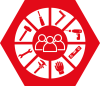 Rotes Icon mit einem weißen Kreis, der drei stilisierte Menschen in der Mitte zeigt, umgeben von acht Segmenten, die verschiedene Werkzeugsymbole enthalten, darunter Schraubendreher, Winkelmesser, Bohrmaschine, Wasserwaage, Handschuh, Messschieber, Schraubenschlüssel und Hammer.