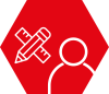Rotes Sechseck mit weißen Symbolen eines Bleistifts, der ein Lineal kreuzt, und einer stilisierten Personenfigur